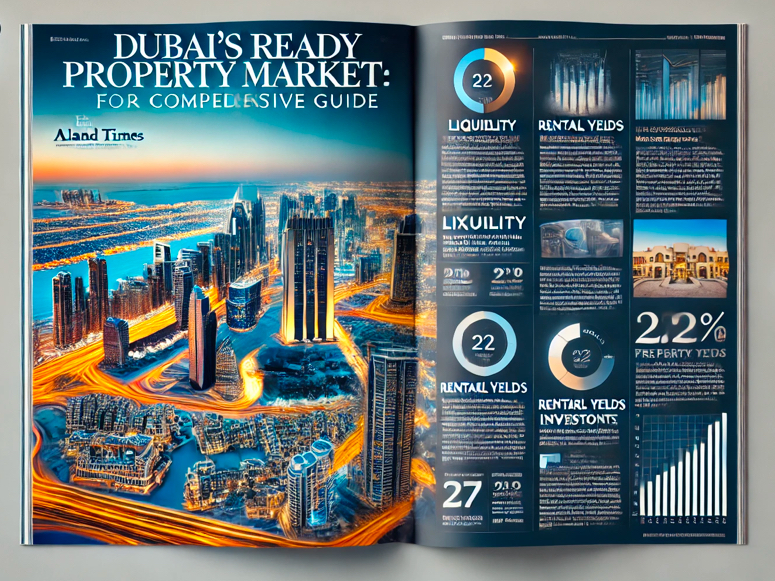 A professional magazine spread from The ALand Times Magazine, featuring an article on Dubai’s ready property market for Golden Visa investors, highlighting top areas, rental returns, and liquidity insights